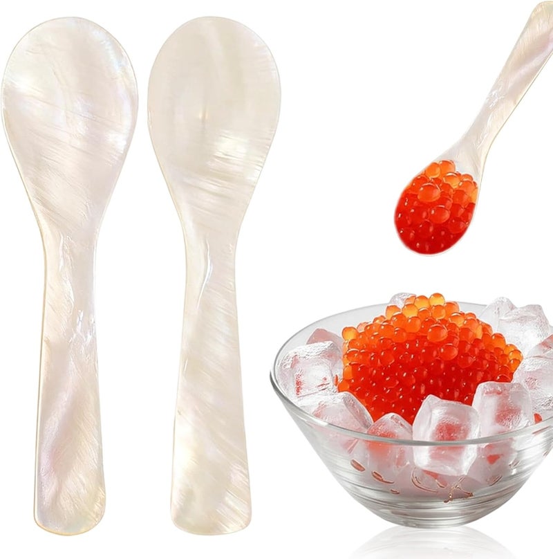 Pretwad Caviar Spoons Mother of Pearl Spoons - 2PCS Handcrafted Caviar & Salt Spoon, Hand Craft Shell Spoon with W Round Handle for Preserving Taste, Elegant for Coffee, Ice Cream & Dining - Image 1